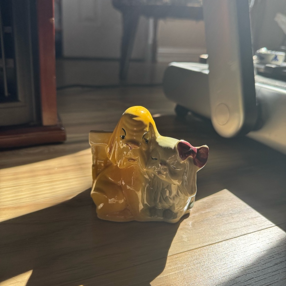 Yellow Ceramic Dog planter with Red Bow dog